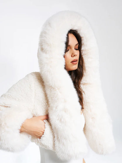 White Faux Fur Jacket with Hood