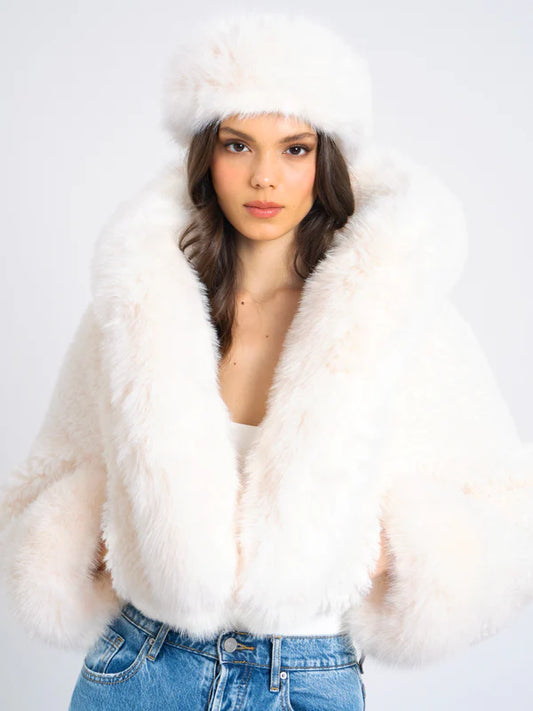 White Faux Fur Jacket with Hood