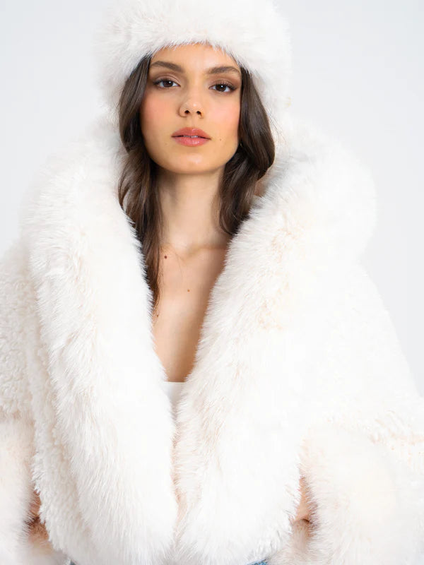 White Faux Fur Jacket with Hood